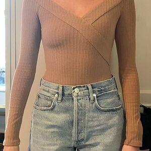 Lovers + Friends Tan Ribbed Wrap Bodysuit